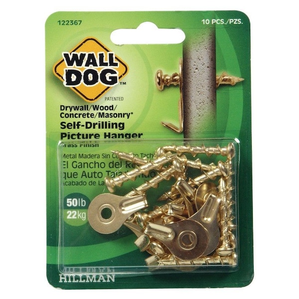 Wall Dog HILLMAN WALL DOG Brass-Plated Gold Self-Drilling Picture Hanger 50 lb 10 pk 122367 - main